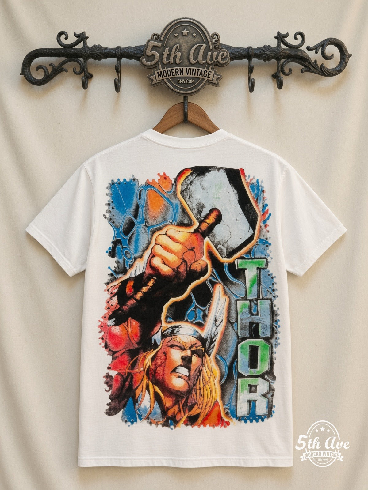Marvel Thor Comic Action all over print vintage tee back on cream 5th Ave rack