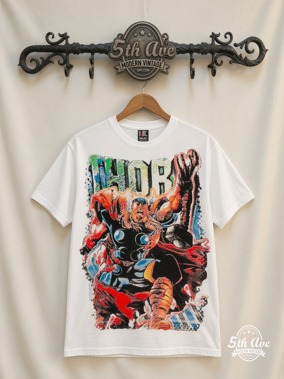 Marvel Thor Comic Action all over print vintage cartoon t-shirt front on cream 5th Ave rack