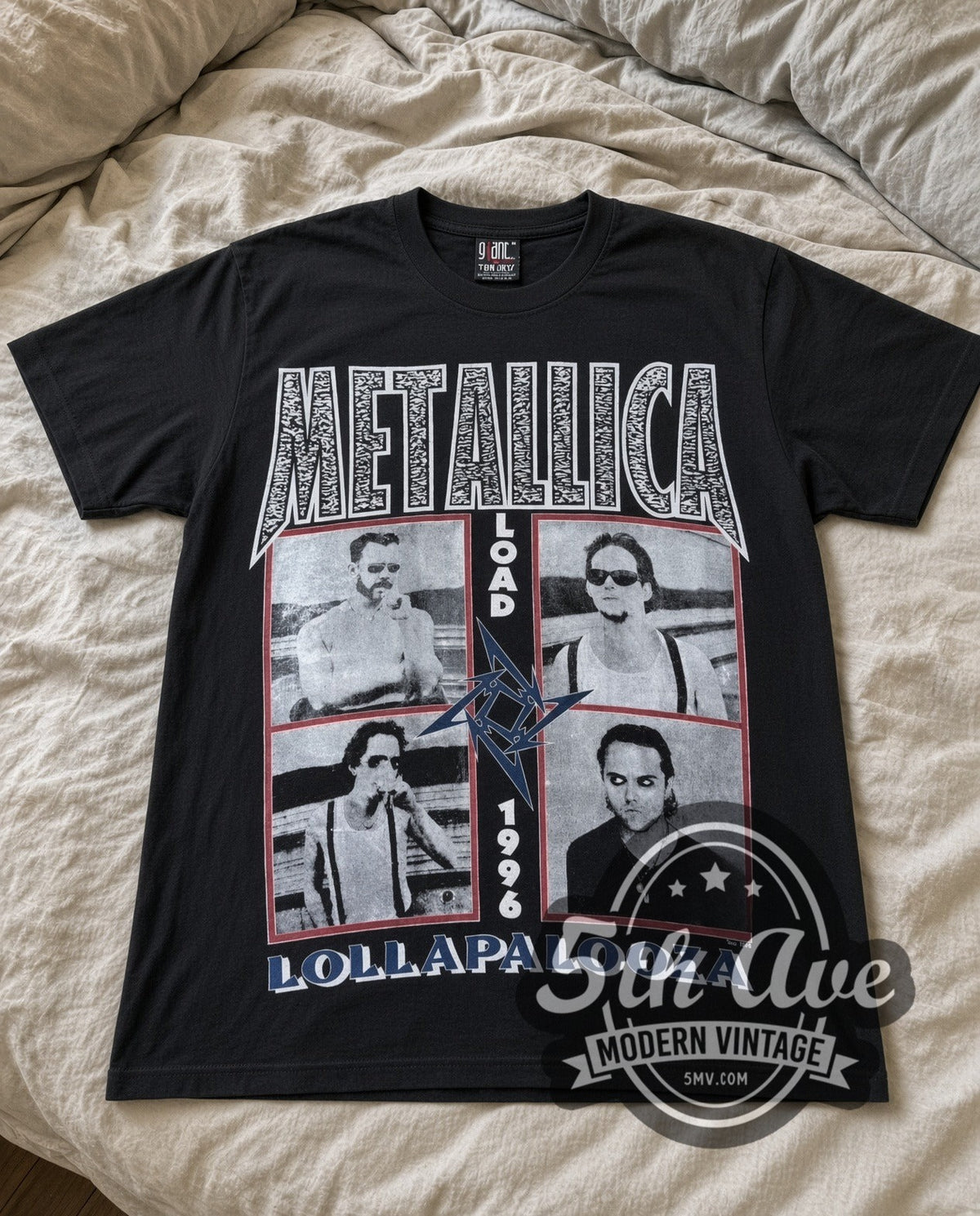 Metallica Load Lollapalooza 1996 vintage band t-shirt in black laid flat on a bed, front artwork