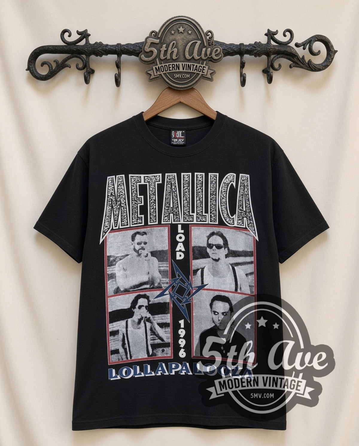 Metallica Load Lollapalooza 1996 vintage band t-shirt in black, front view on a display rack