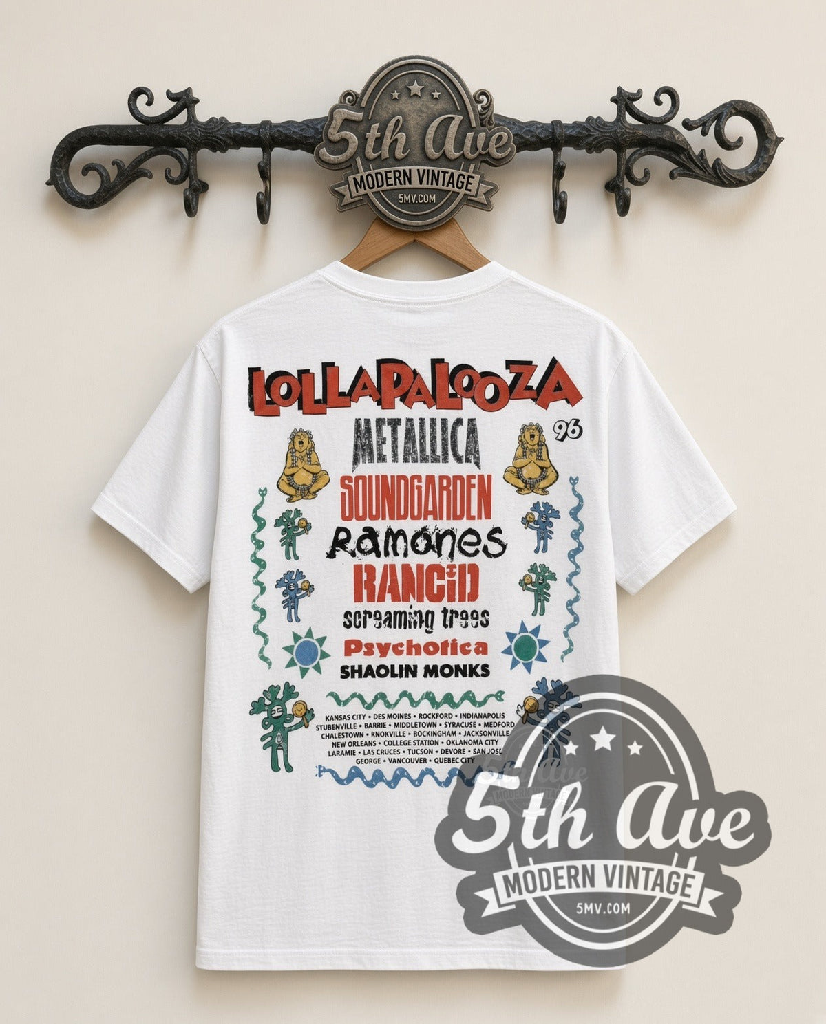 Metallica Load Lollapalooza 1996 vintage band t-shirt in white, back view on a display rack