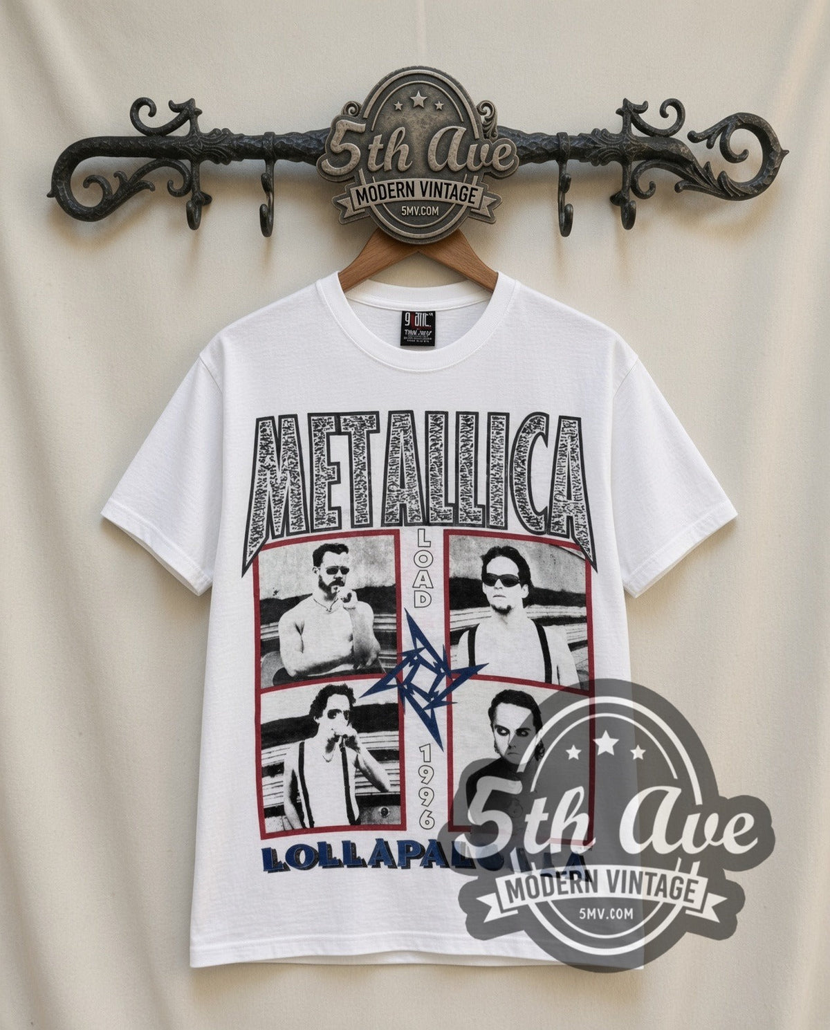 Metallica Load Lollapalooza 1996 vintage band t-shirt in white, front view on a display rack