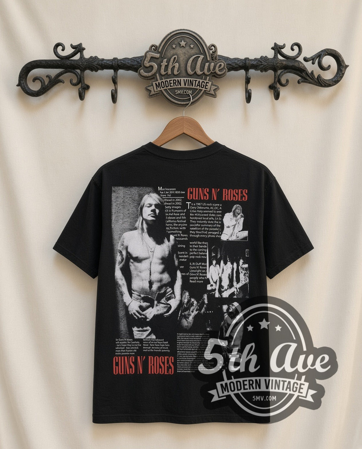 Guns N Roses Tour NEWS vintage band t-shirt in black, back view on the 5MV rack