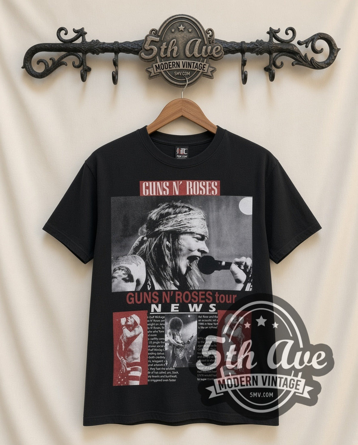 Guns N Roses Tour NEWS vintage band t-shirt in black, front view on the 5MV rack