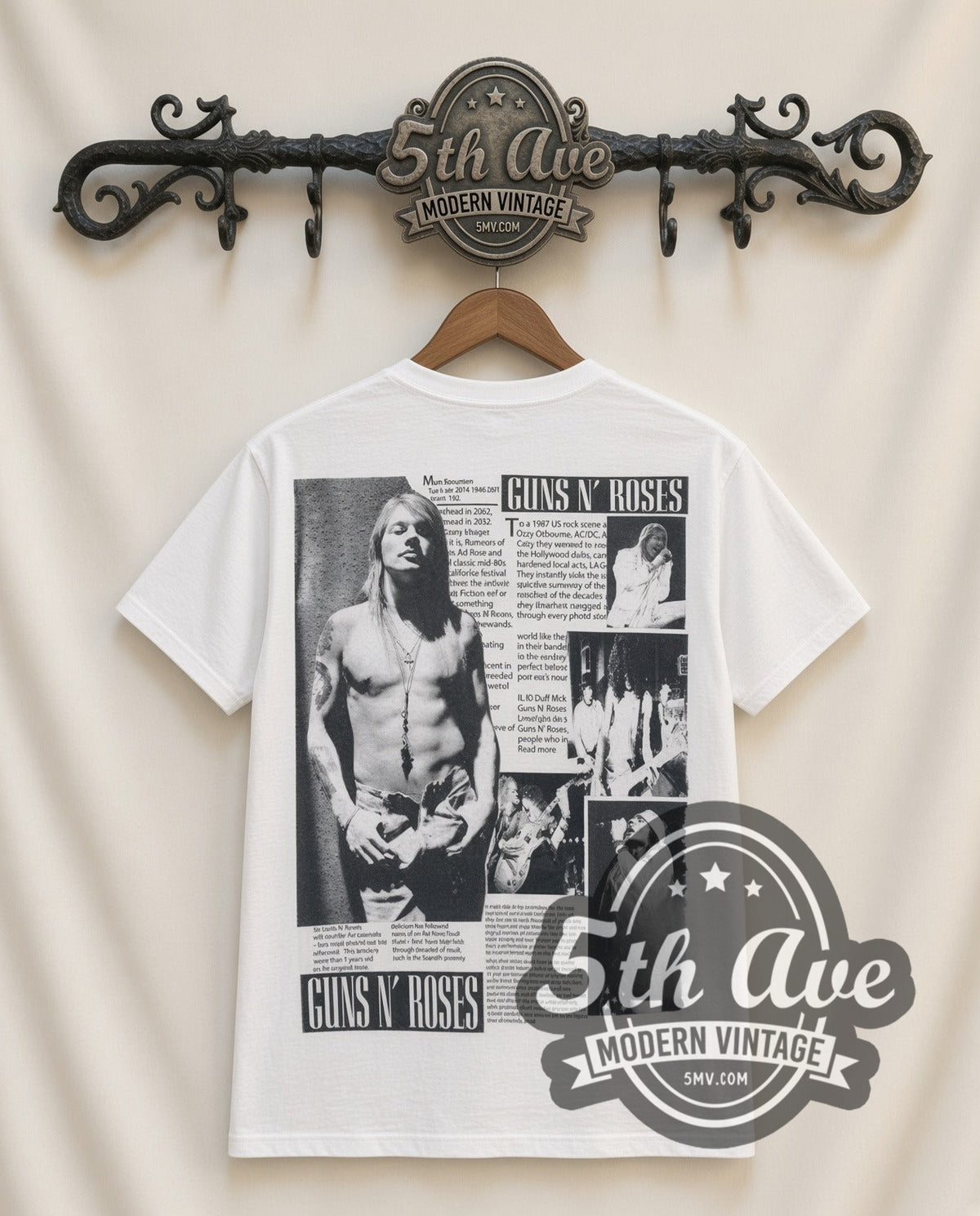 Guns N Roses Tour NEWS vintage band t-shirt in white, back view on a display rack