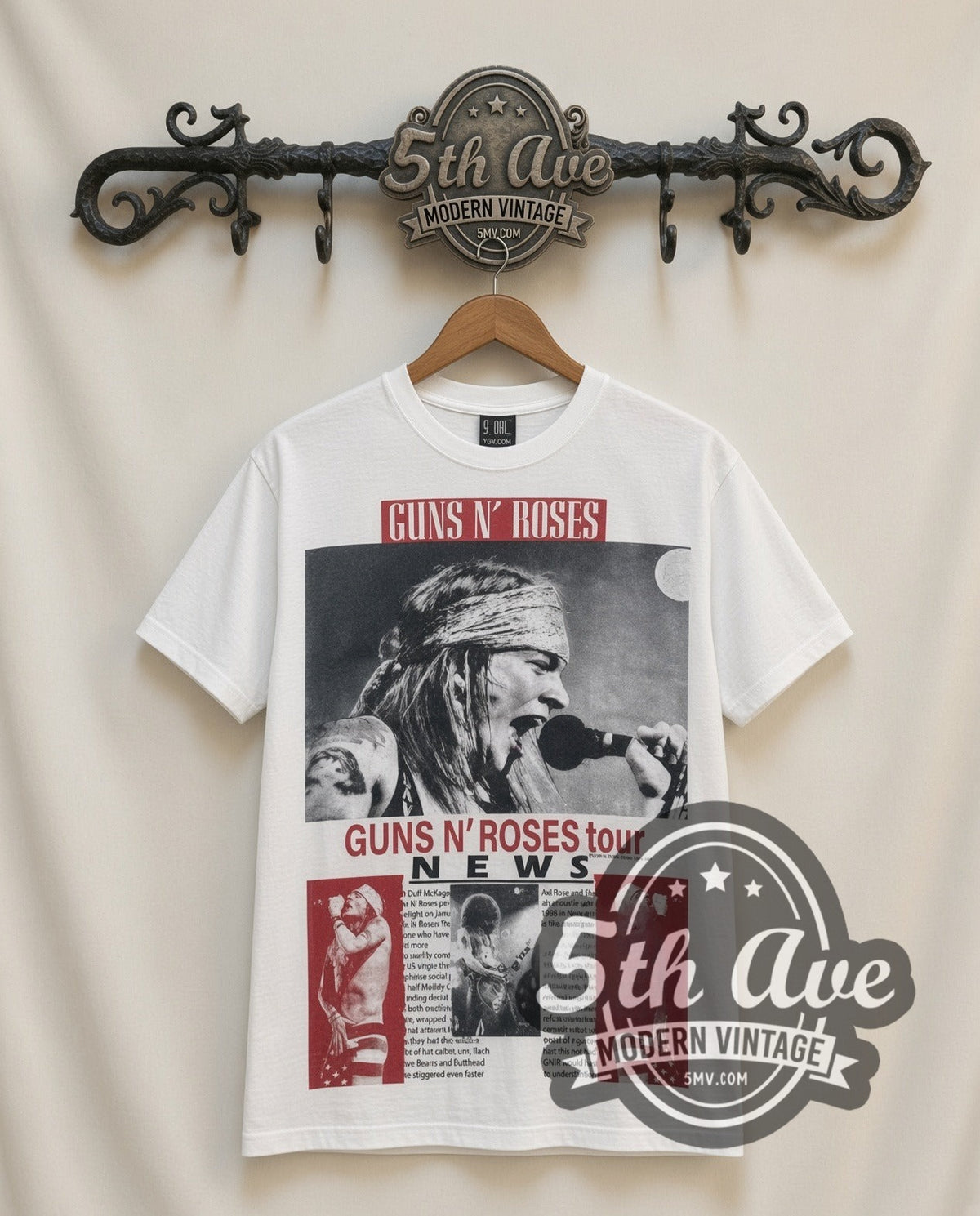 Guns N Roses Tour NEWS vintage band t-shirt in white, front view on a display rack