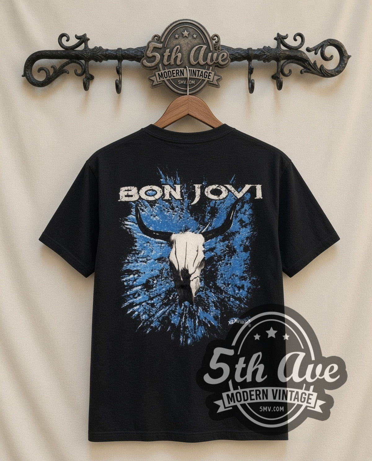 Bon Jovi Band Photo vintage band t-shirt in black, back view on a display rack