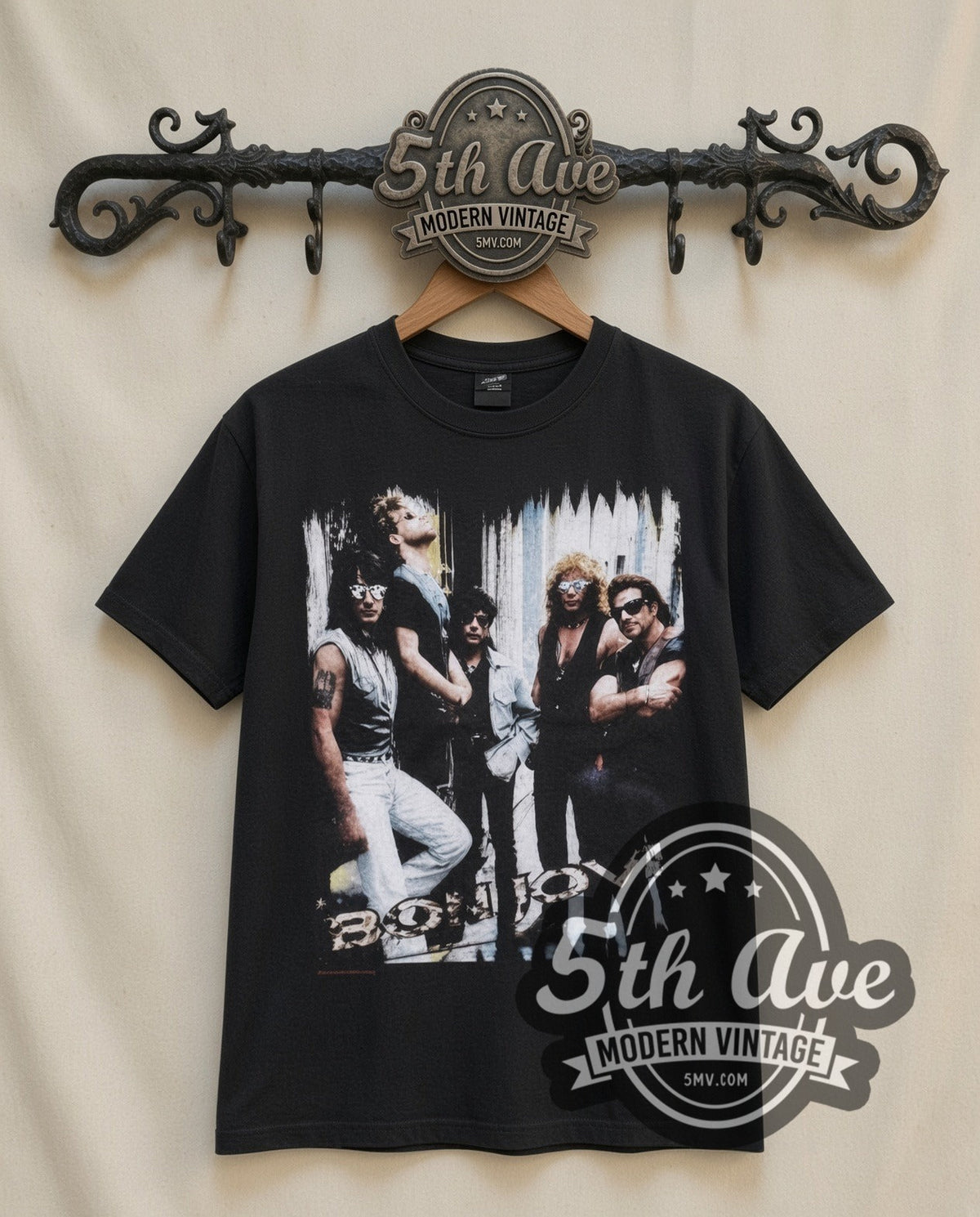 Bon Jovi Band Photo vintage band t-shirt in black, front view on a display rack