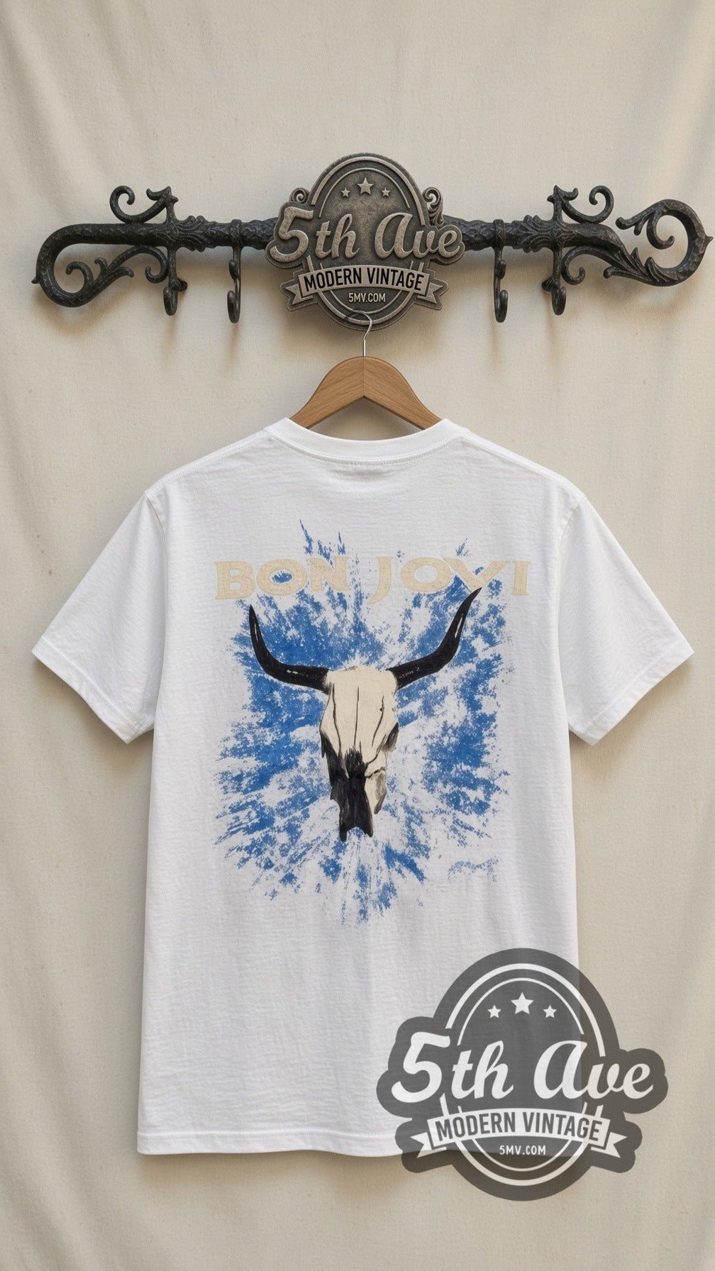 Bon Jovi Band Photo vintage band t-shirt in white, back view on a display rack