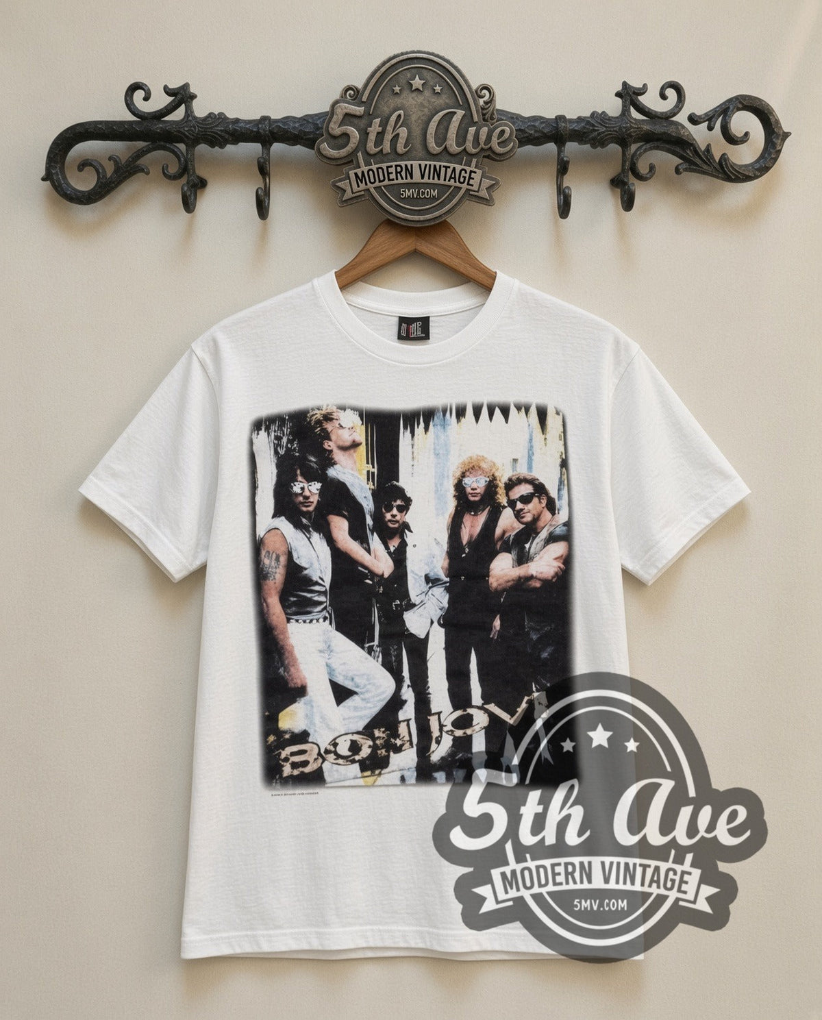 Bon Jovi Band Photo vintage band t-shirt in white, front view on a display rack