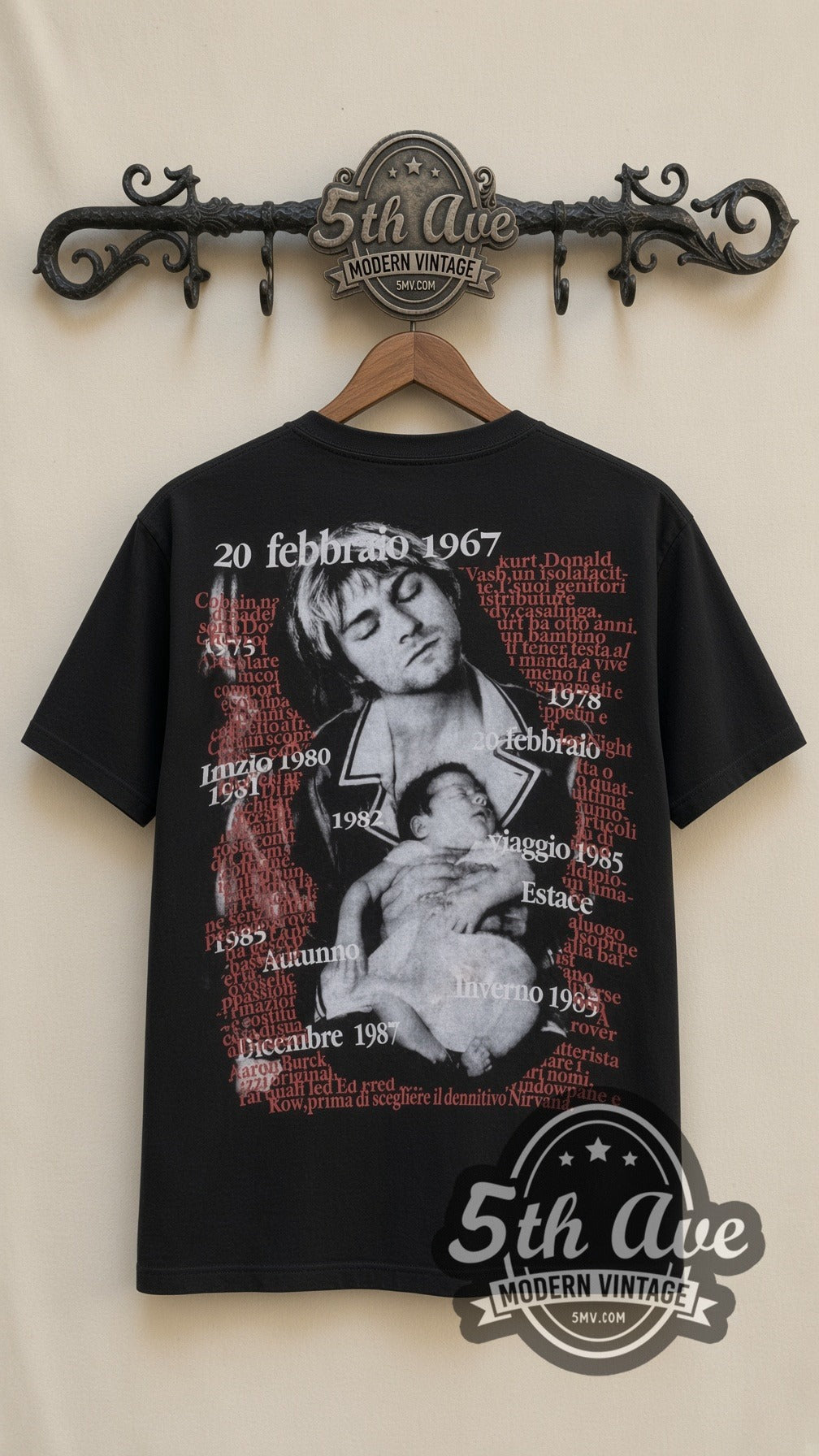 Kurt Cobain Portrait vintage band t-shirt in black, back view on a display rack