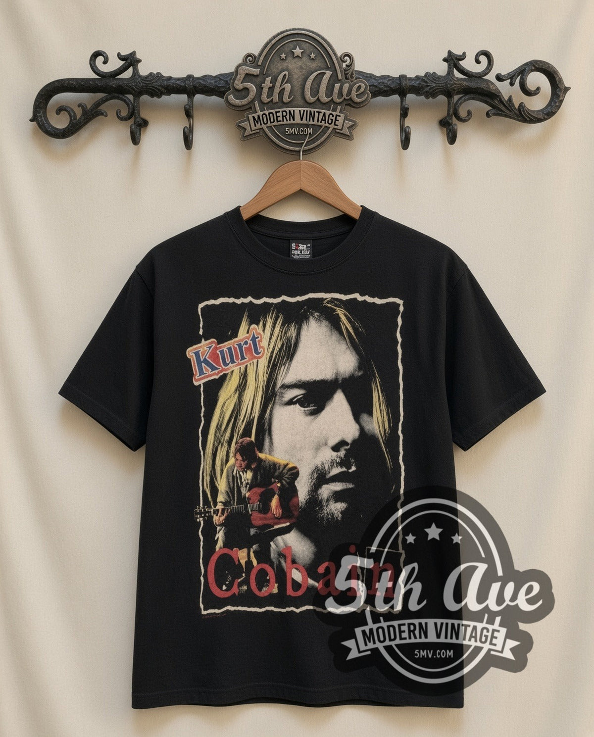 Kurt Cobain Portrait vintage band t-shirt in black, front view on a display rack