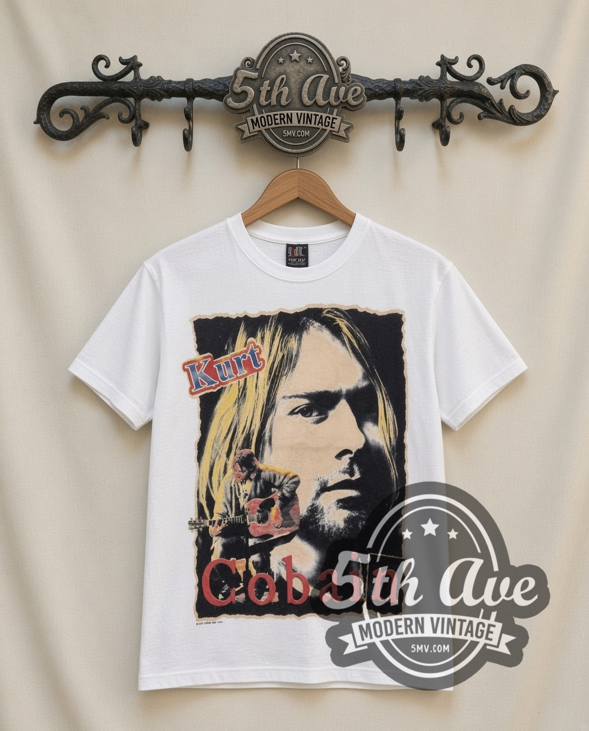 Kurt Cobain Portrait vintage band t-shirt in white, front view on a display rack