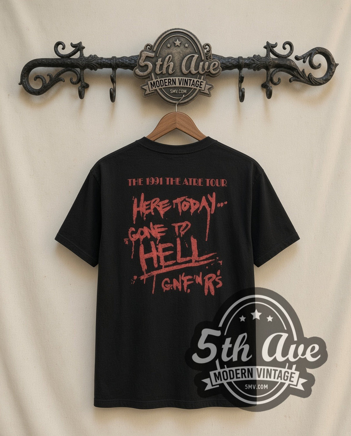 Guns N Roses Band Photo vintage band t-shirt in black, back view on the 5MV rack