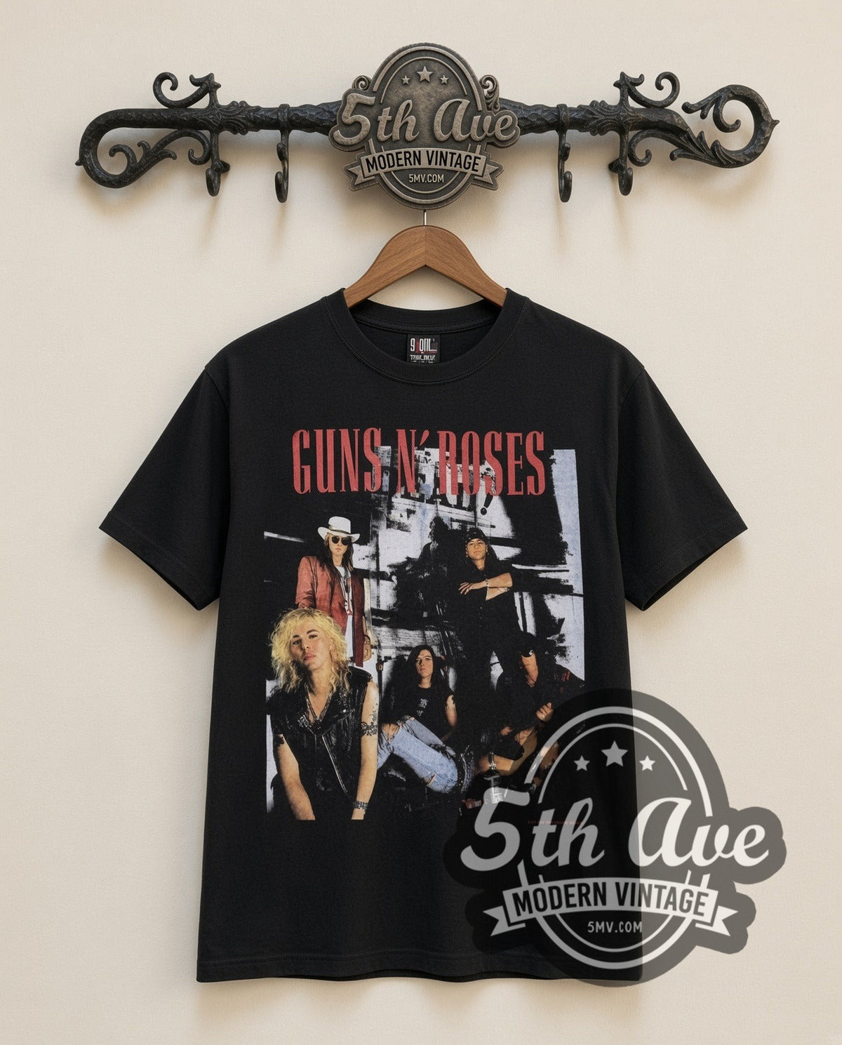 Guns N Roses Band Photo vintage band t-shirt in black, front view on the 5MV rack