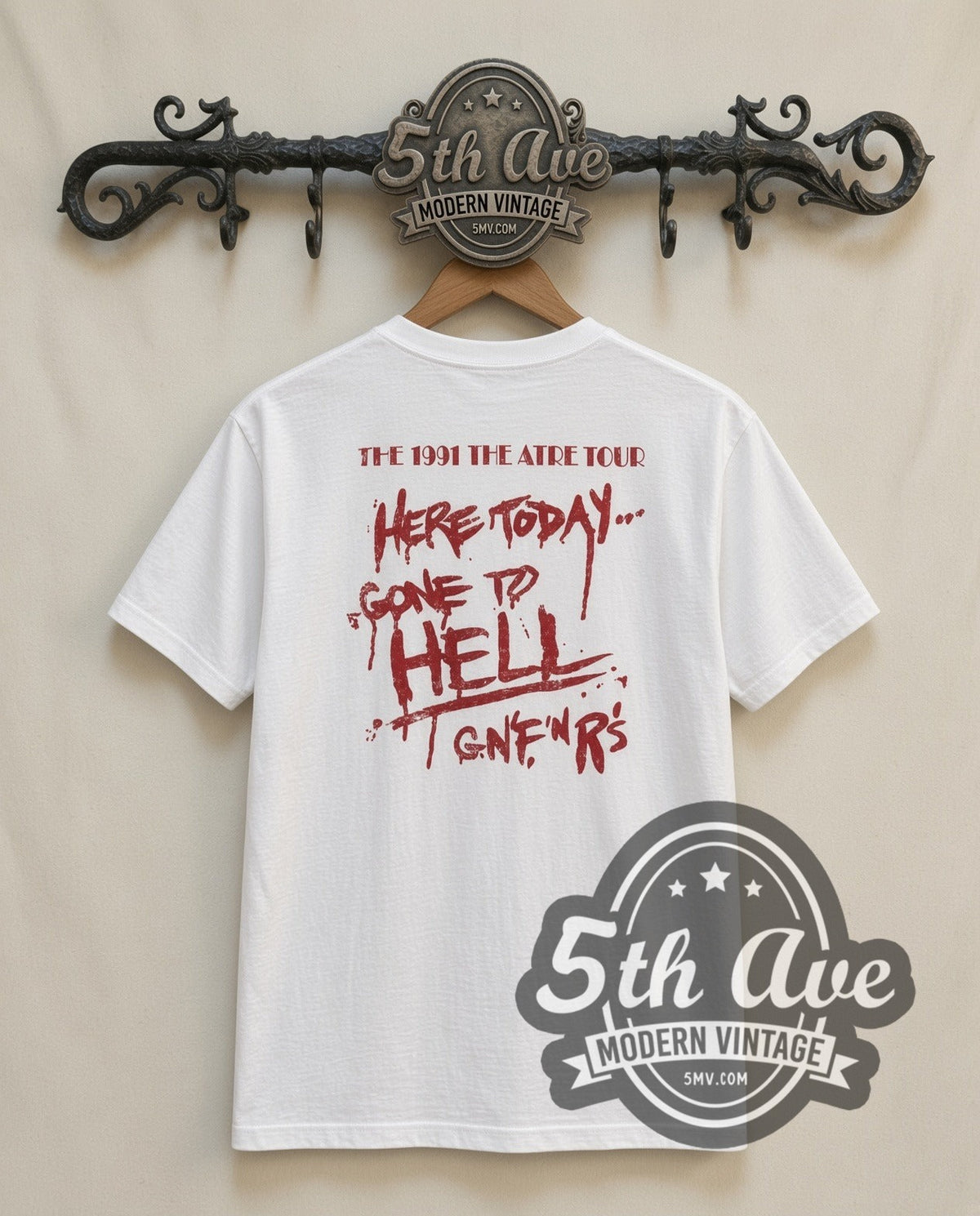 Guns N Roses Band Photo vintage band t-shirt in white, back view on the 5MV rack
