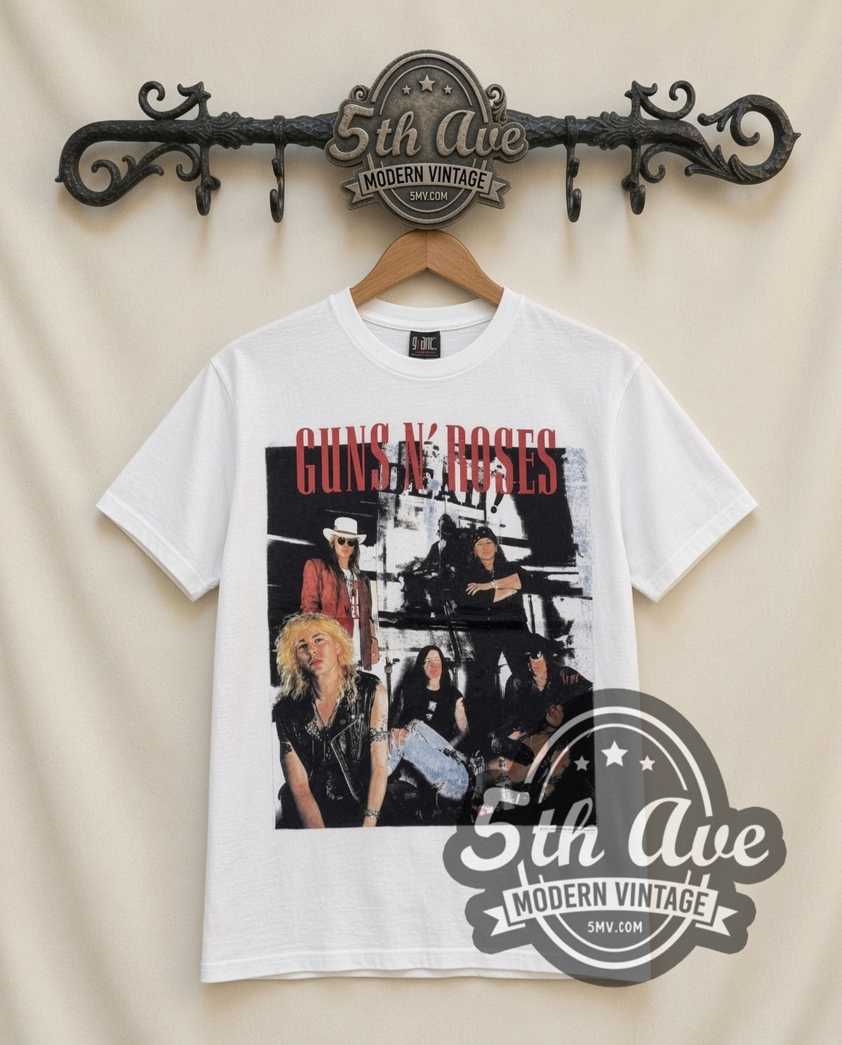 Guns N Roses Band Photo vintage band t-shirt in white, front view on the 5MV rack