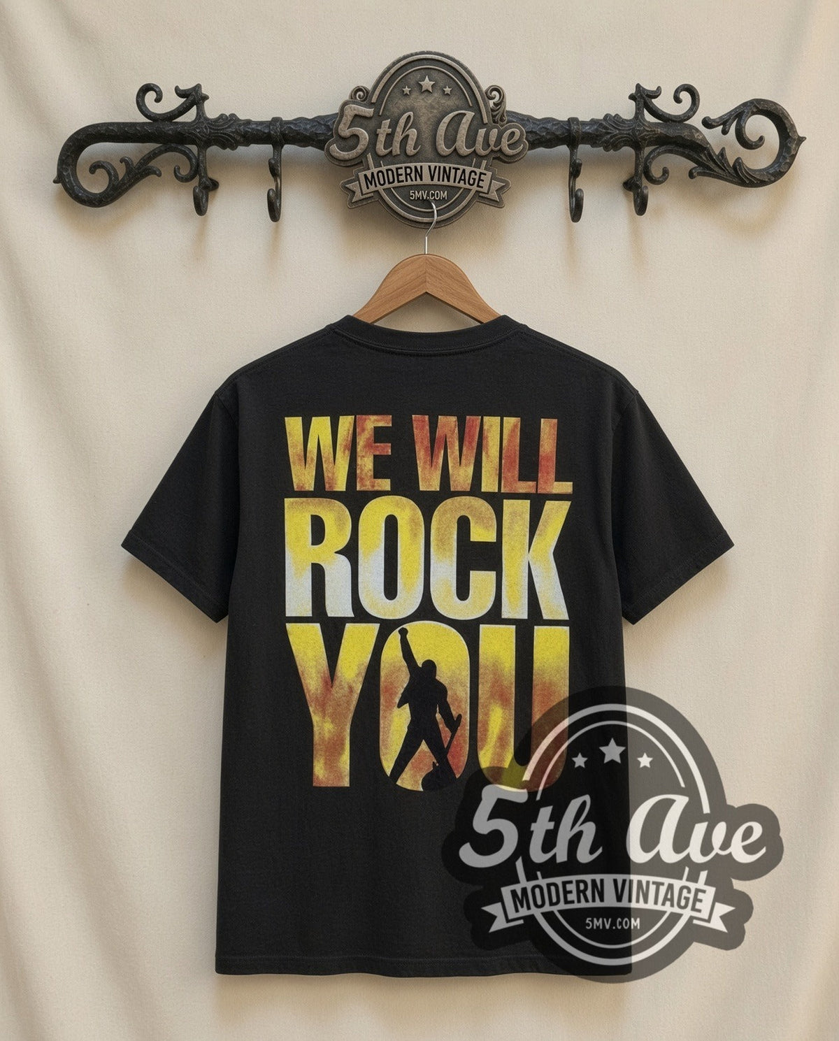 Queen Freddie Union Jack vintage band t-shirt in black, back view on a display rack
