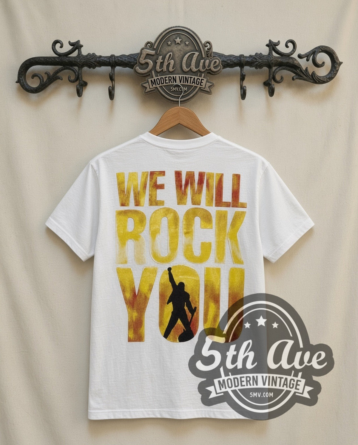Queen Freddie Union Jack vintage band t-shirt in white, back view on a display rack