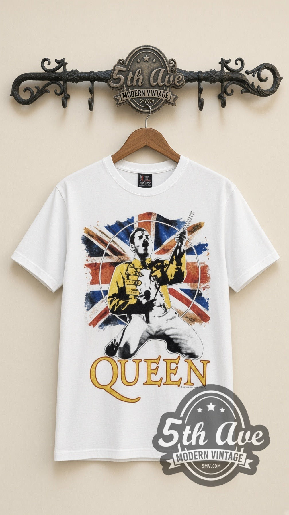 Queen Freddie Union Jack vintage band t-shirt in white, front view on a display rack
