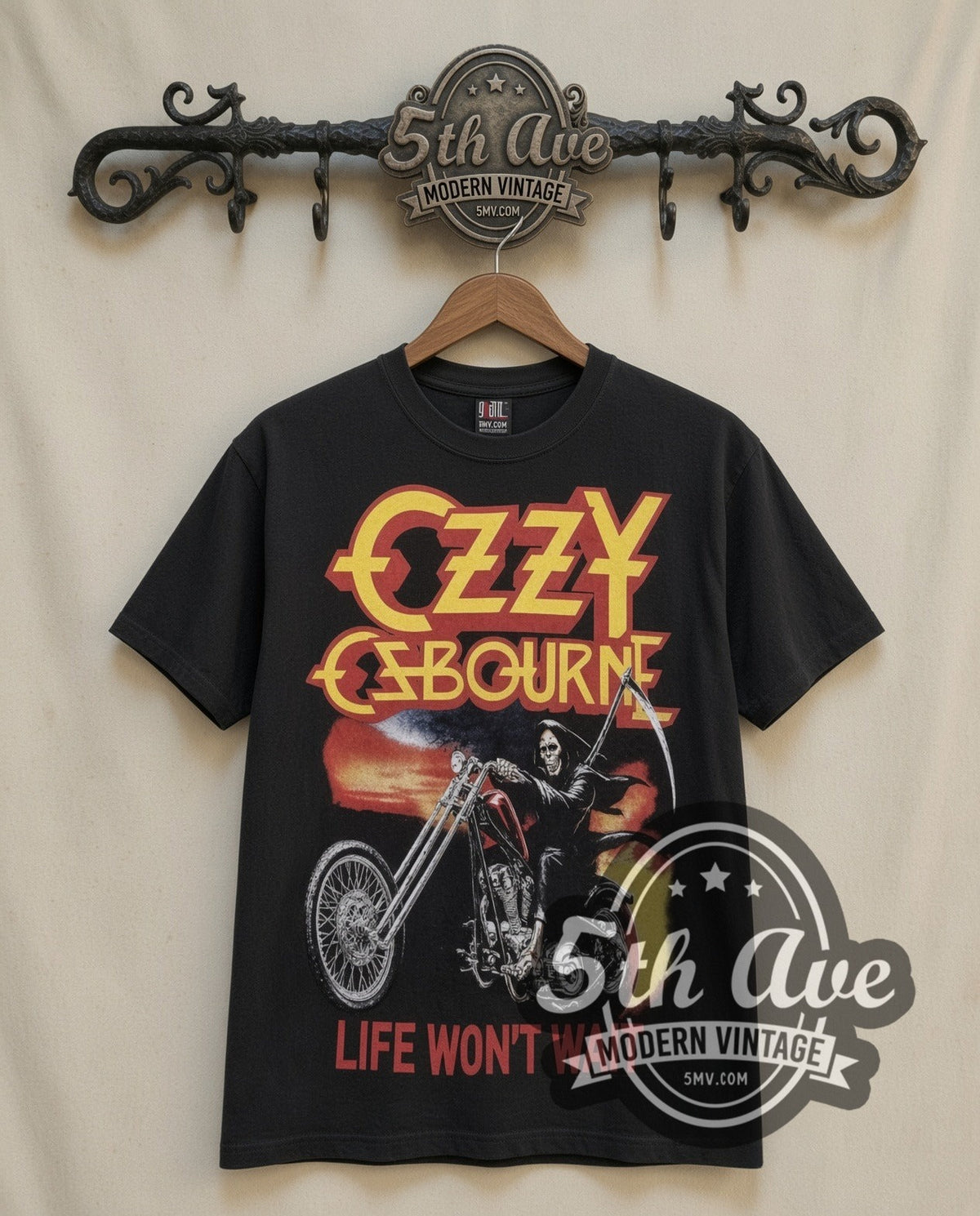 Ozzy Osbourne Life Won't Wait vintage band t-shirt in black, front view on the 5MV rack