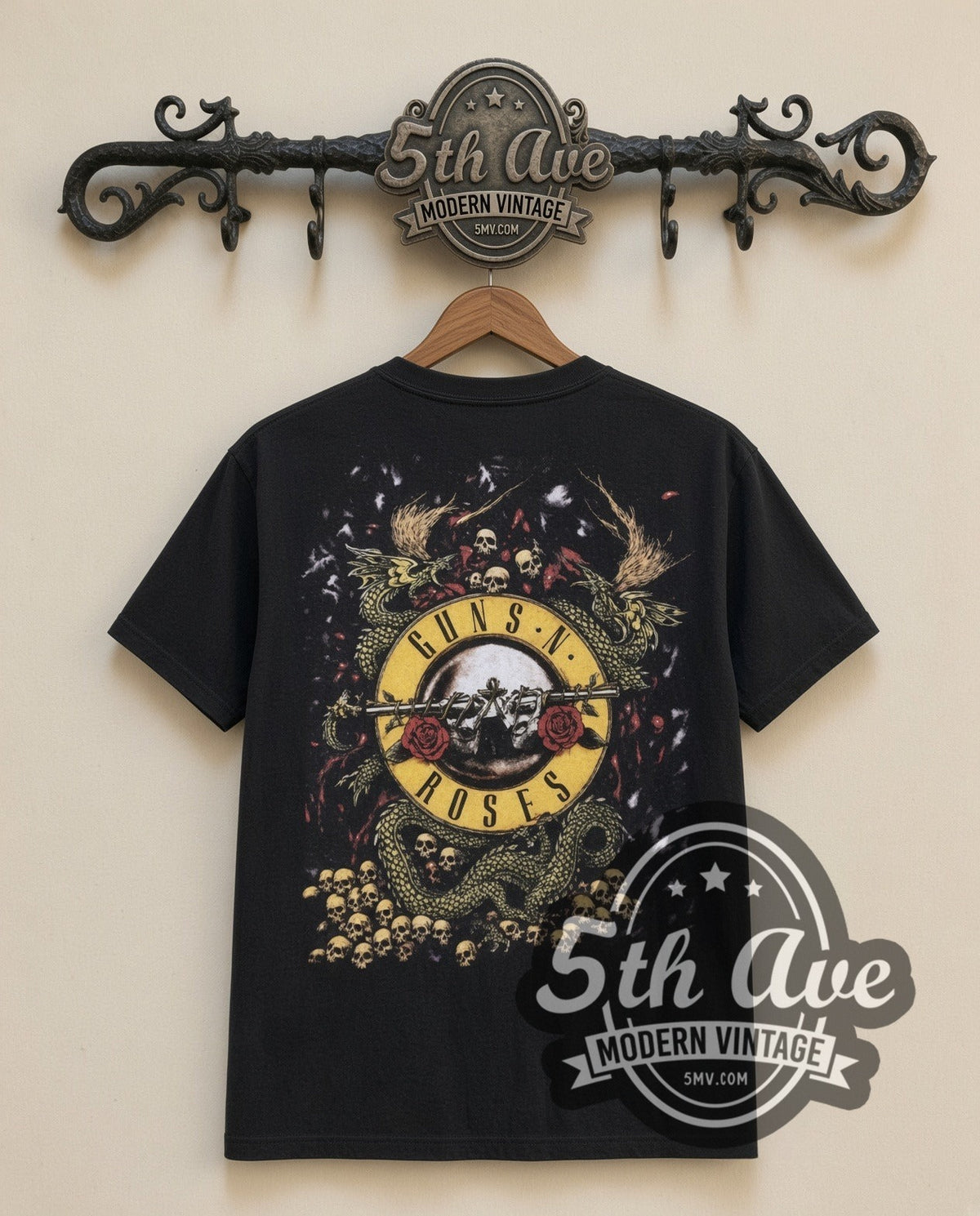 Guns N Roses Axl and Dragon vintage band t-shirt in black, back view on a display rack