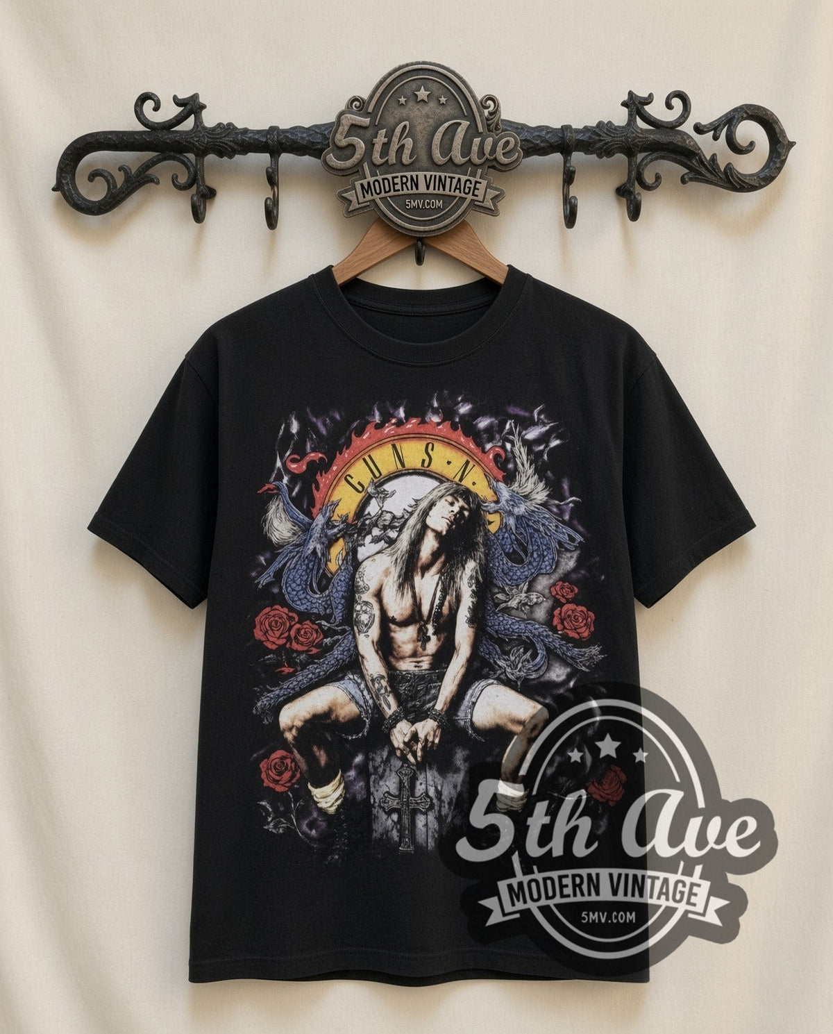 Guns N Roses Axl and Dragon vintage band t-shirt in black, front view on a display rack