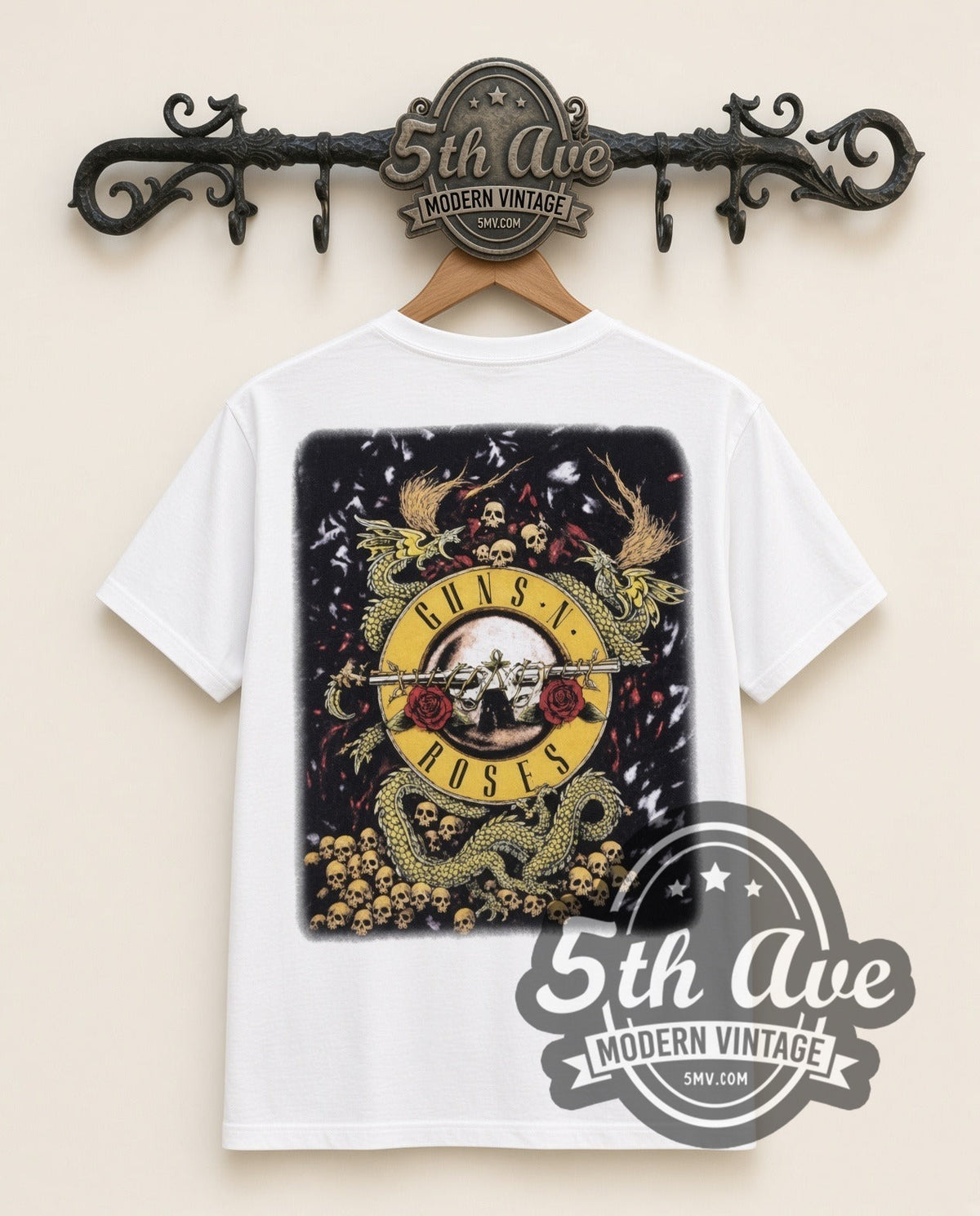 Guns N Roses Axl and Dragon vintage band t-shirt in white, back view on a display rack
