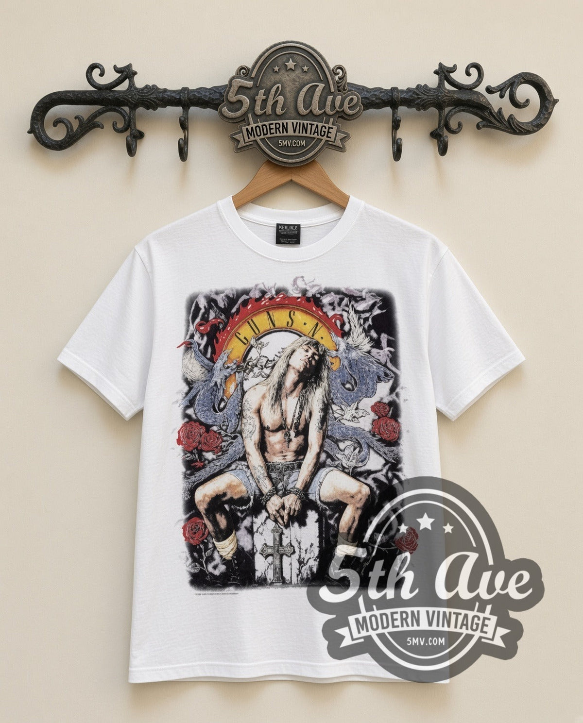 Guns N Roses Axl and Dragon vintage band t-shirt in white, front view on a display rack