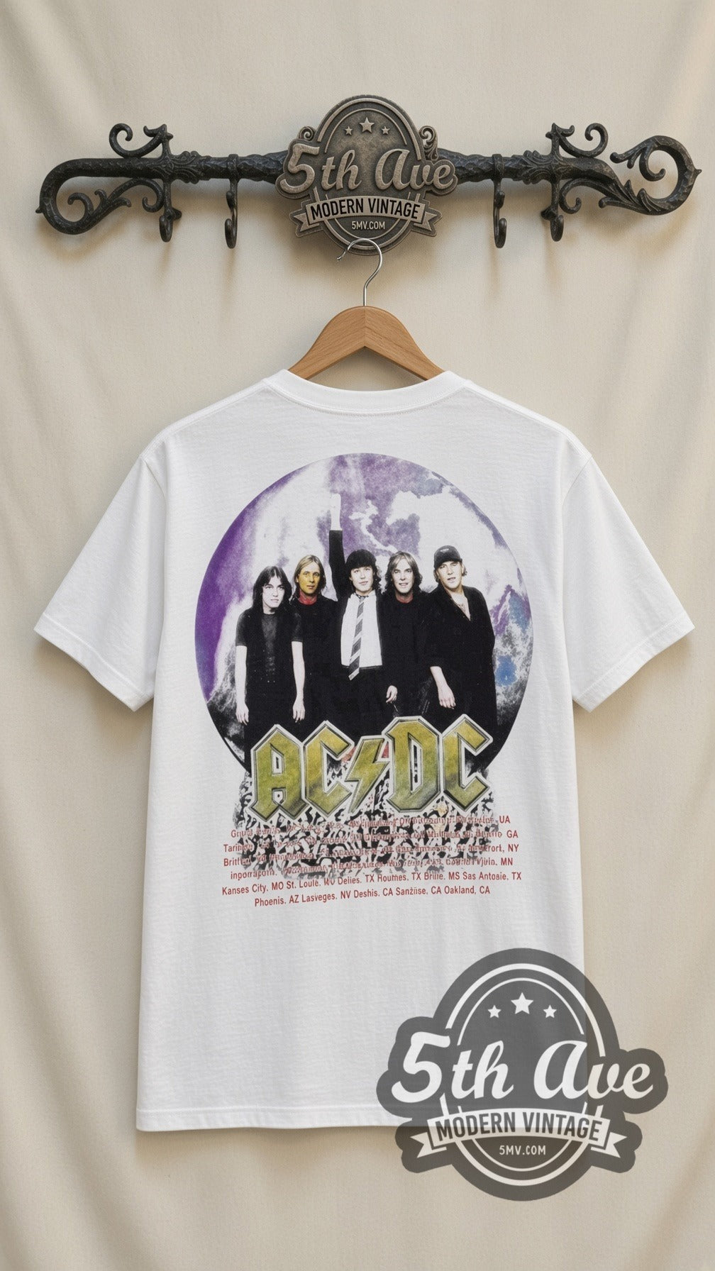 AC/DC Purple Logo Band vintage band t-shirt in white, back view on the 5MV rack