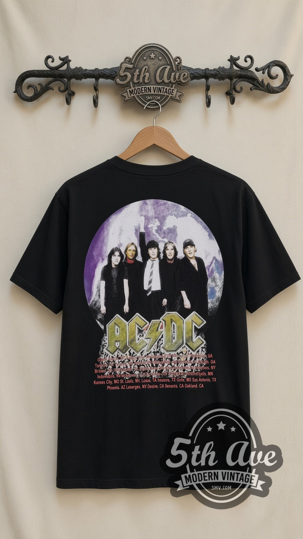 AC/DC Purple Logo Band vintage band t-shirt in black, back view on a display rack
