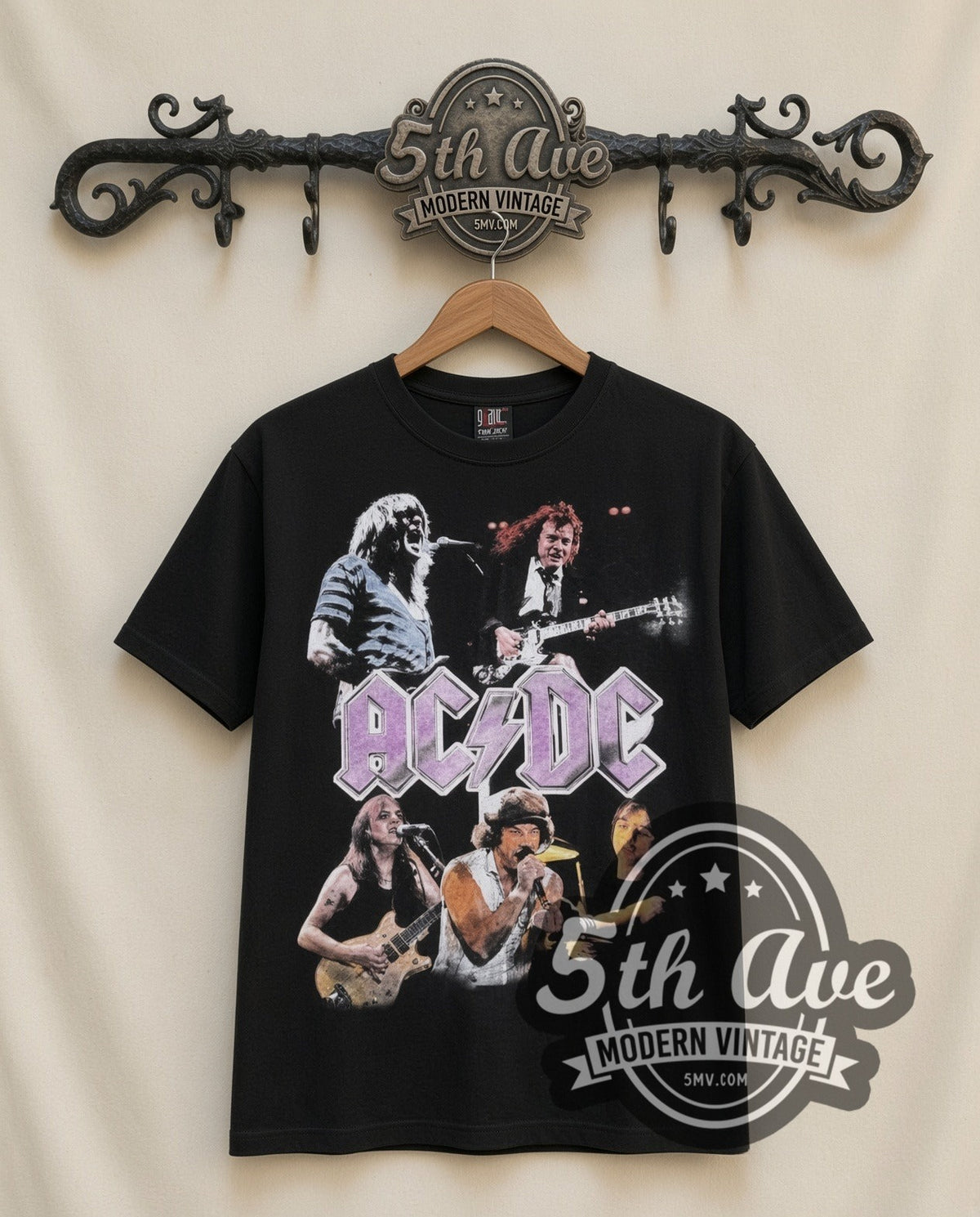 AC/DC Purple Logo Band vintage band t-shirt in black, front view on a display rack