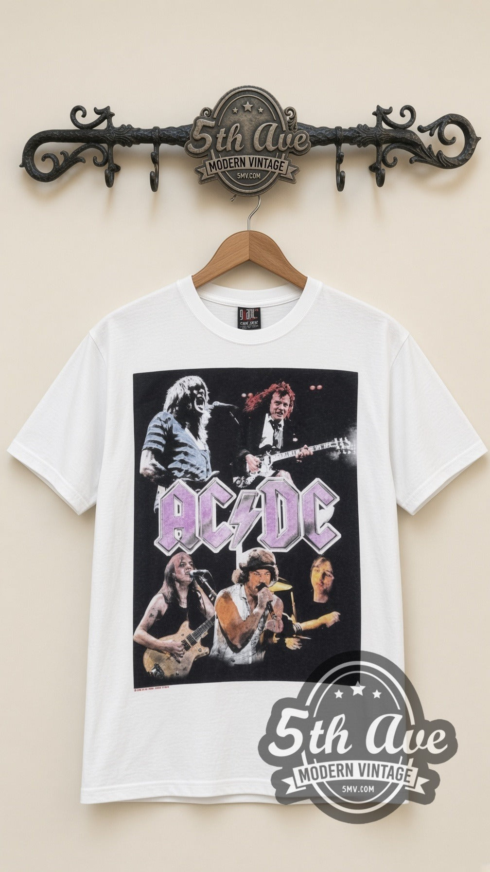 AC/DC Purple Logo Band vintage band t-shirt in white, front view on the 5MV rack