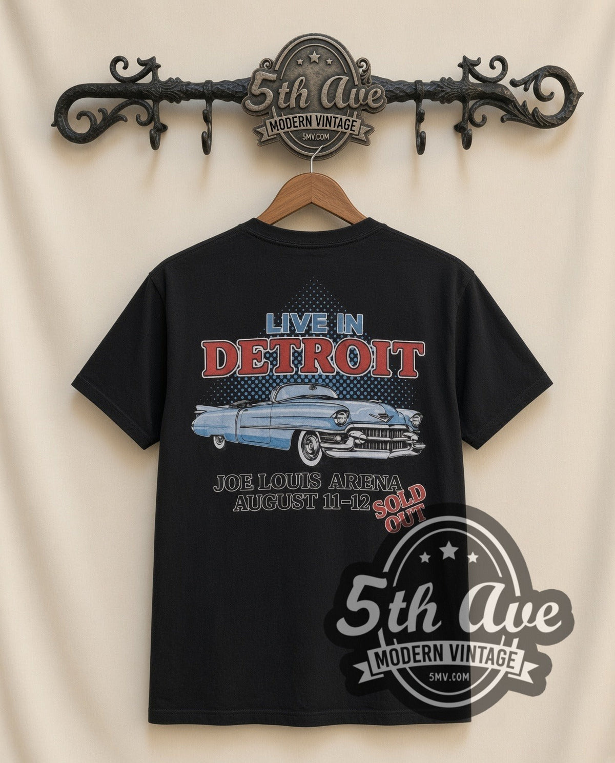 Bruce Springsteen E Street Band vintage band t-shirt in black, back view on a display rack
