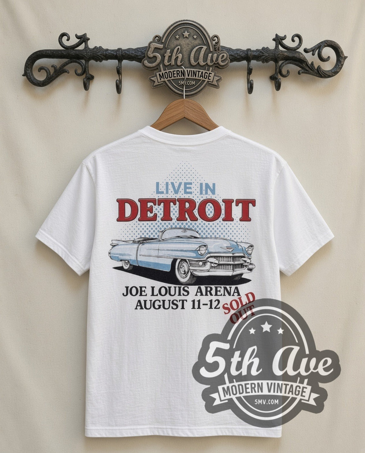 Bruce Springsteen E Street Band vintage band t-shirt in white, back view on a display rack