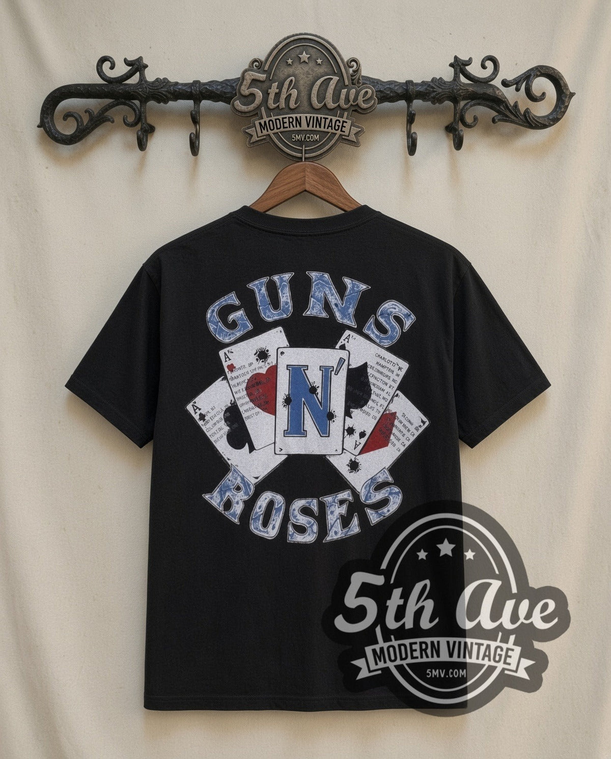 Guns N Roses Guns and Roses vintage band t-shirt in black, back view on the 5MV rack