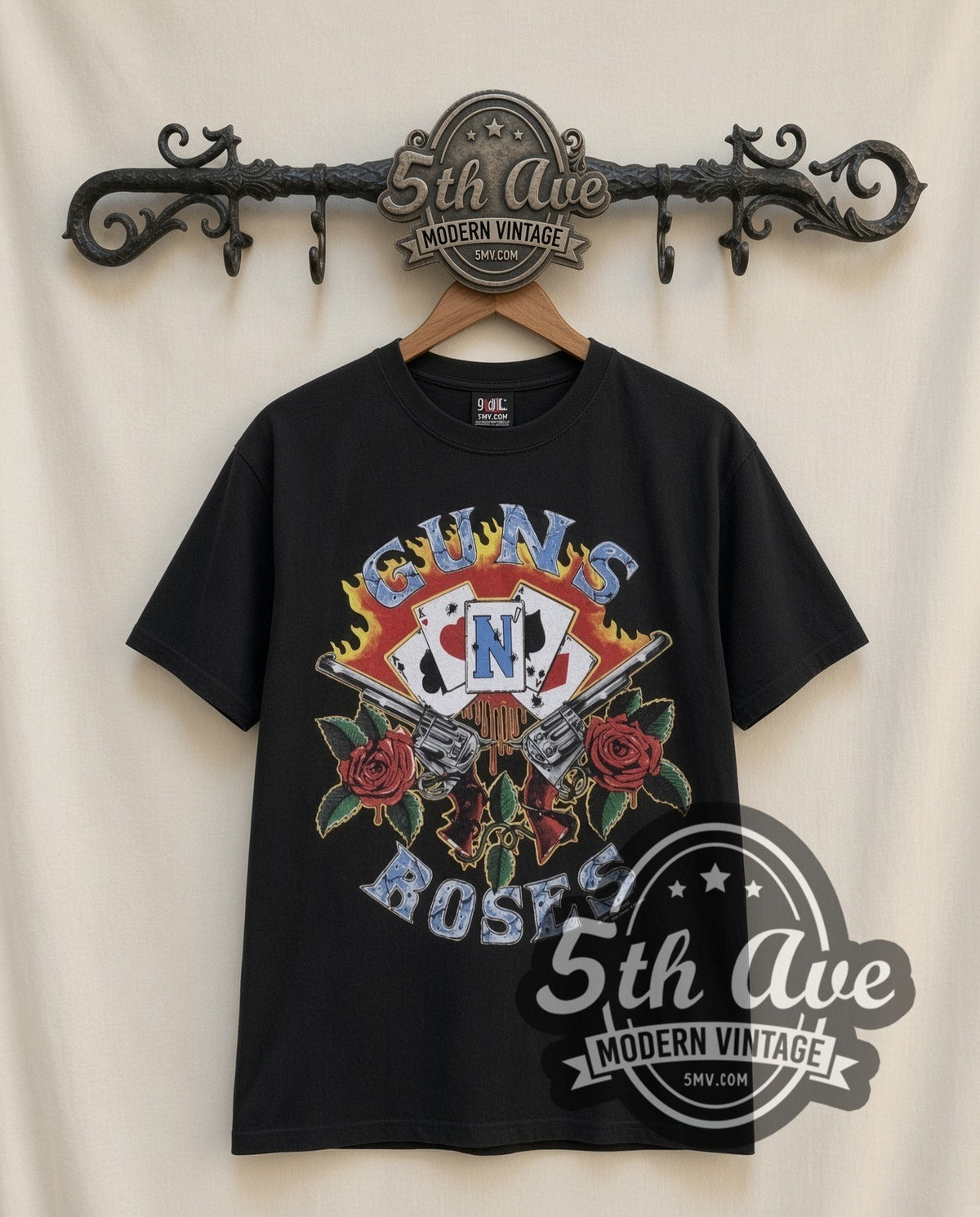 Guns N Roses Guns and Roses vintage band t-shirt in black, front view on the 5MV rack