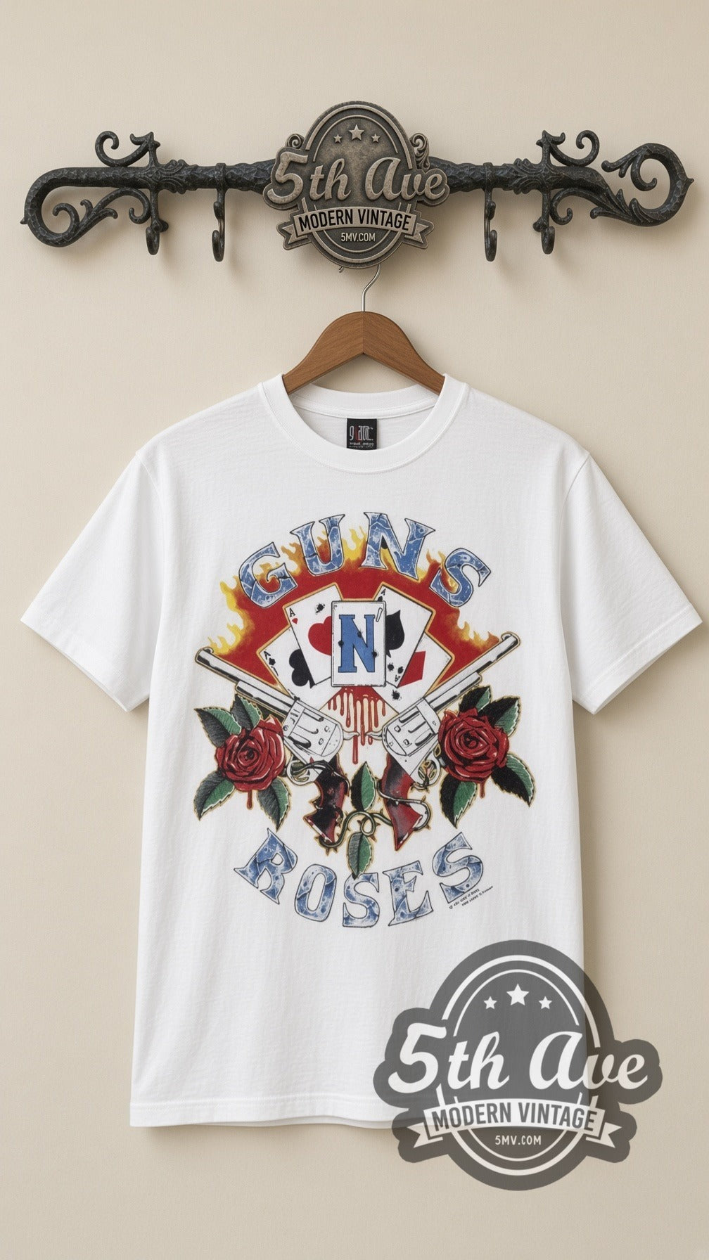 Guns N Roses Guns and Roses vintage band t-shirt in white, front view on a display rack