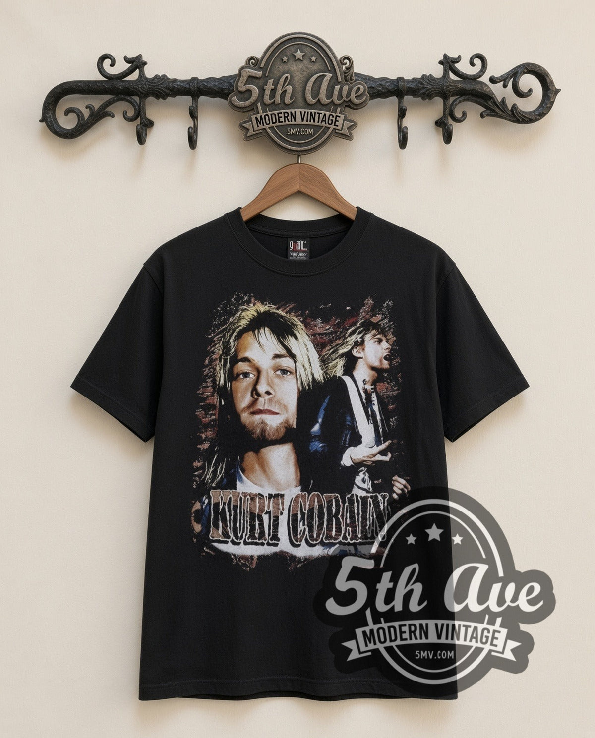 Kurt Cobain With Band vintage band t-shirt in black, front view on a display rack