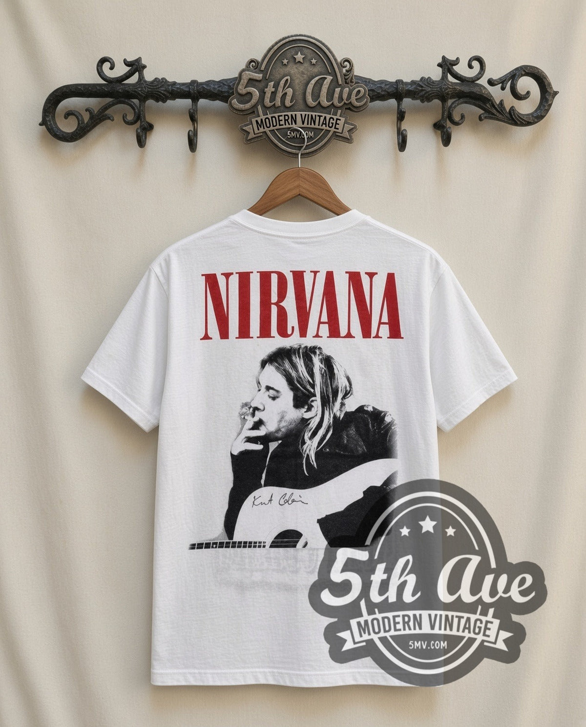 Kurt Cobain With Band vintage band t-shirt in white, back view on a display rack