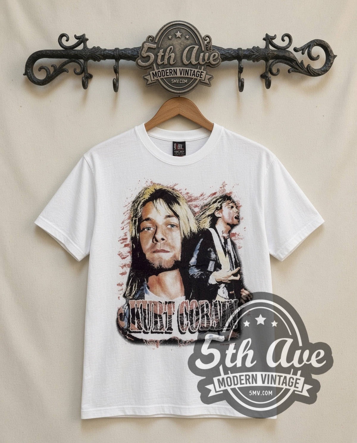 Kurt Cobain With Band vintage band t-shirt in white, front view on a display rack