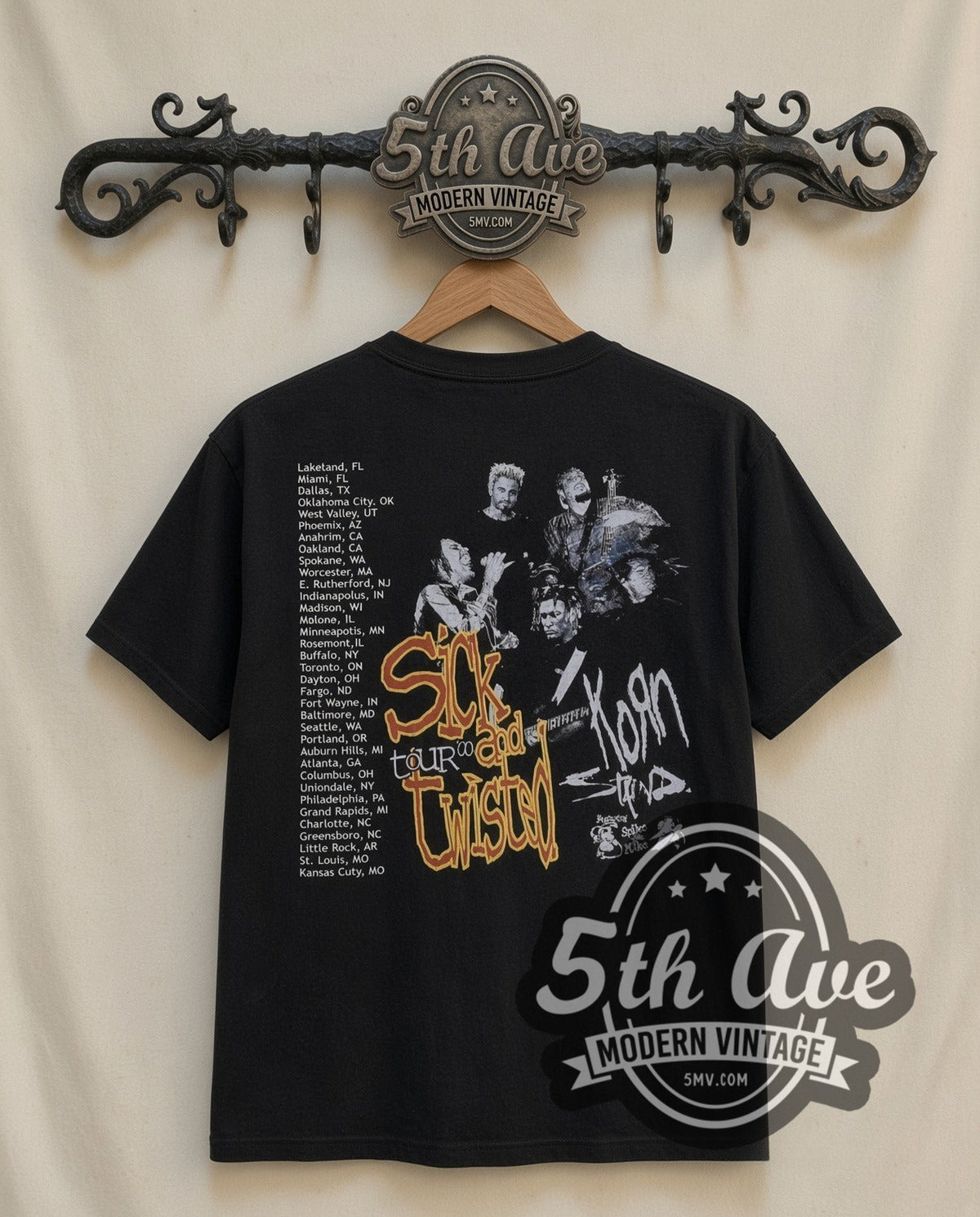 Korn Sick and Twisted Tour vintage band t-shirt in black, back view on a display rack