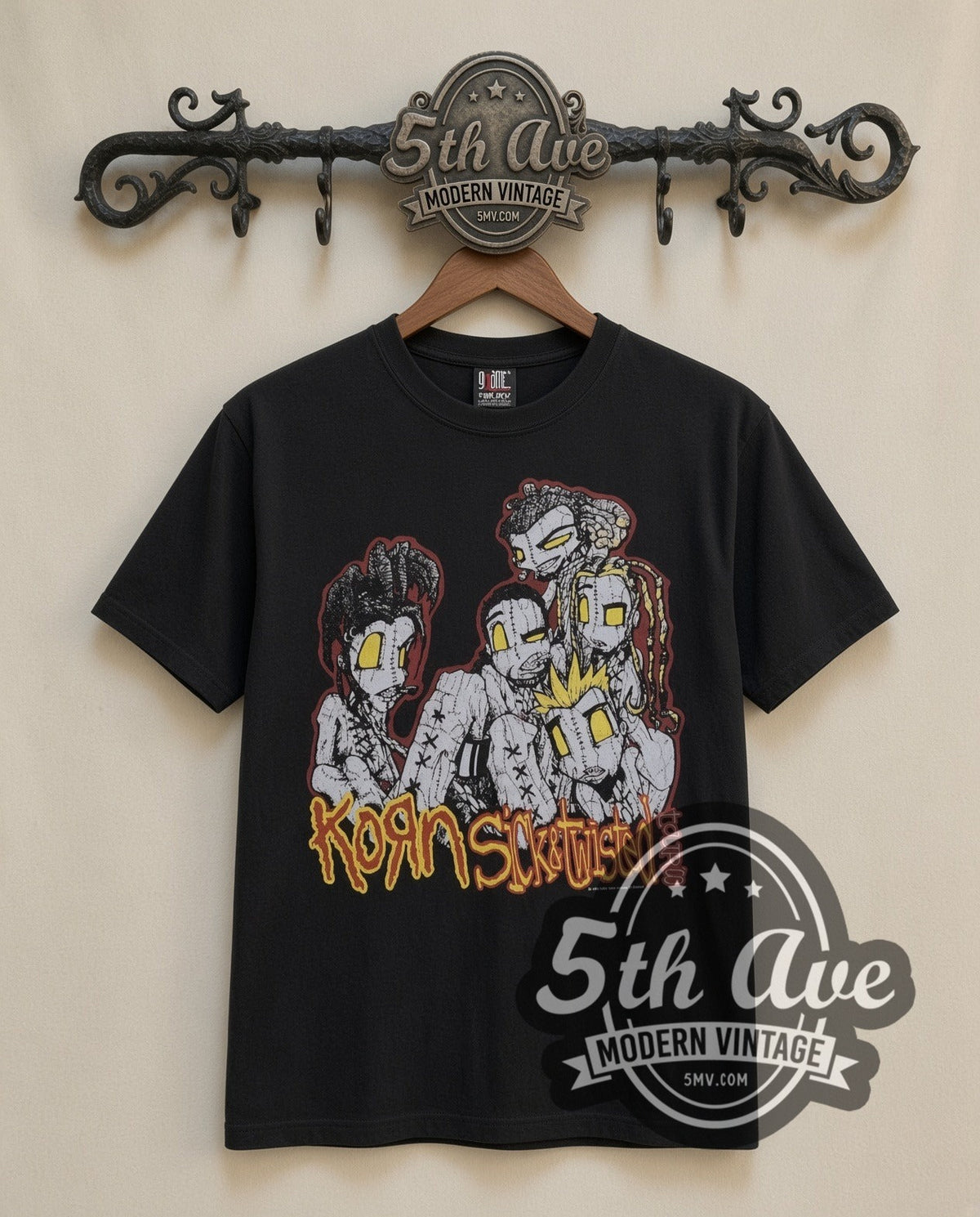 Korn Sick and Twisted Tour vintage band t-shirt in black, front view on a display rack