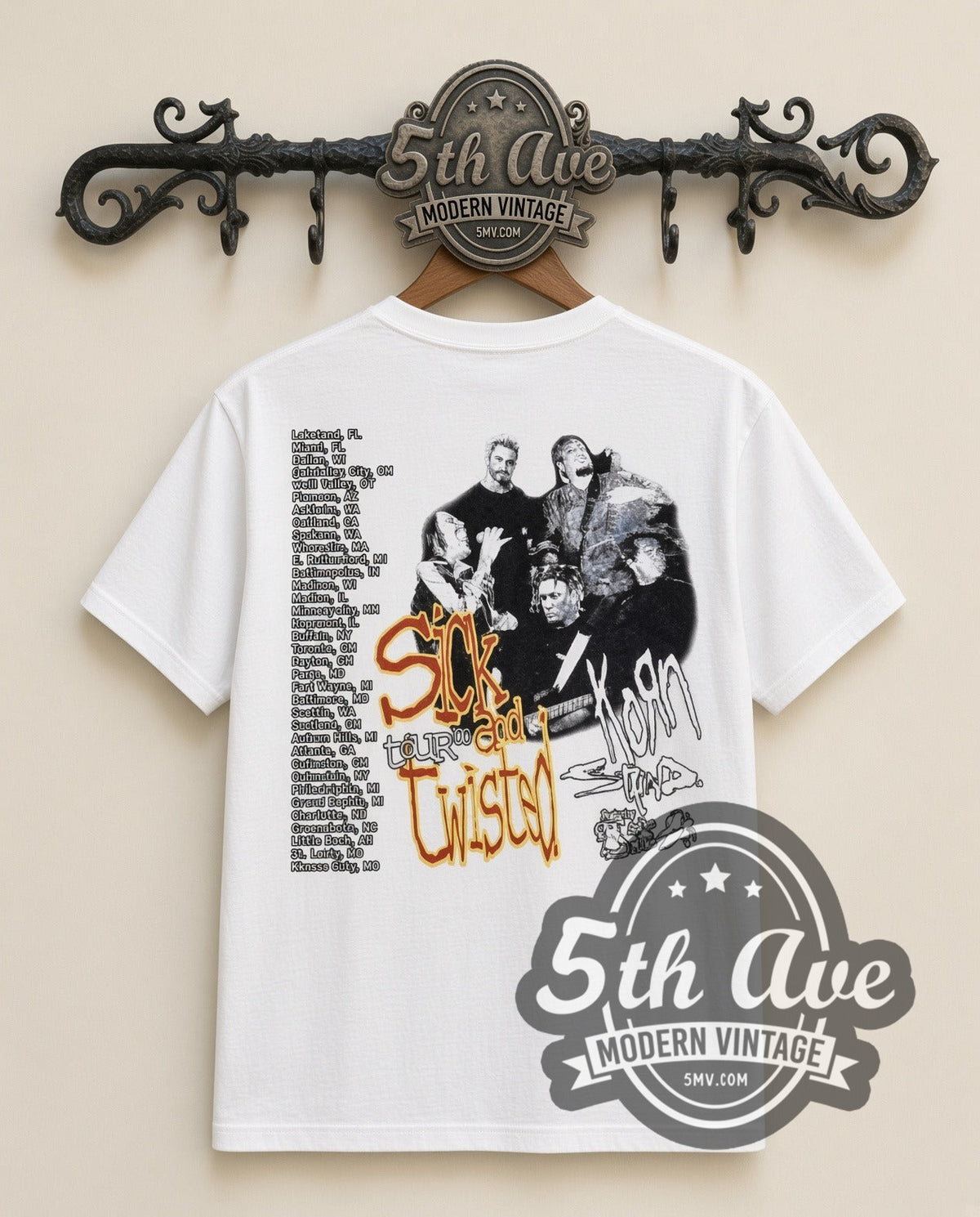 Korn Sick and Twisted Tour vintage band t-shirt in white, back view on a display rack