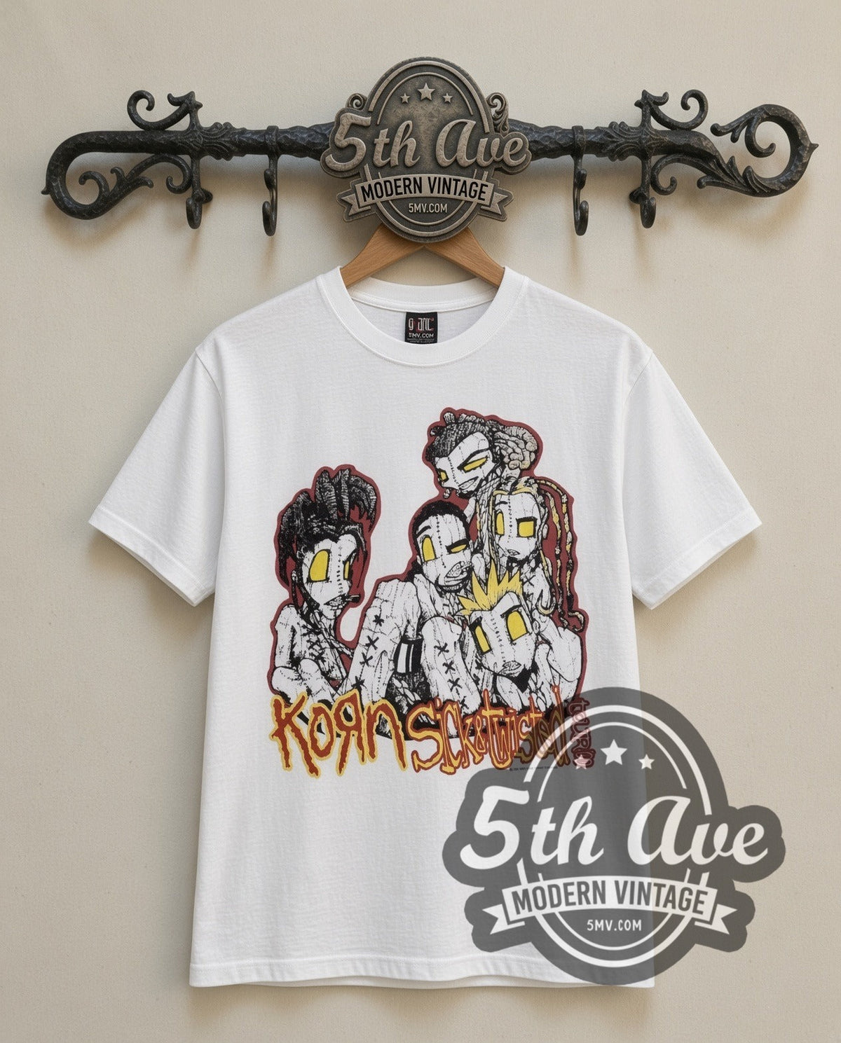 Korn Sick and Twisted Tour vintage band t-shirt in white, front view on a display rack
