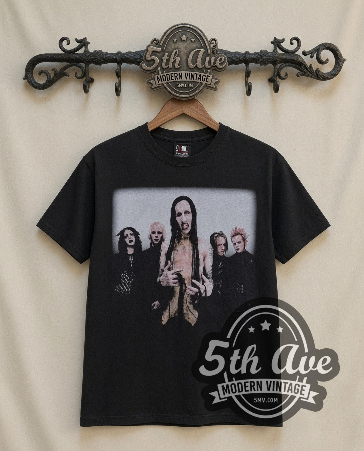 Marilyn Manson Band Photo vintage band t-shirt, front view on a display rack