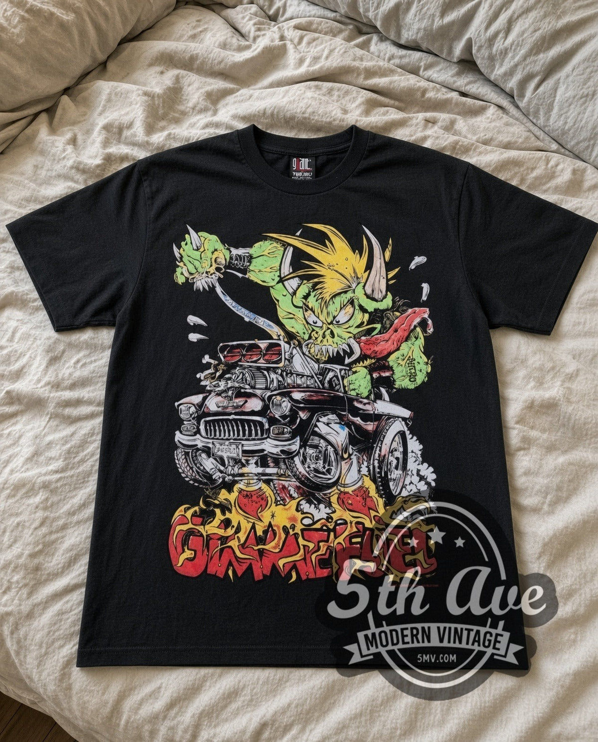 Gimme Fuel Hot Rod Monster vintage cartoon tee in black laid flat