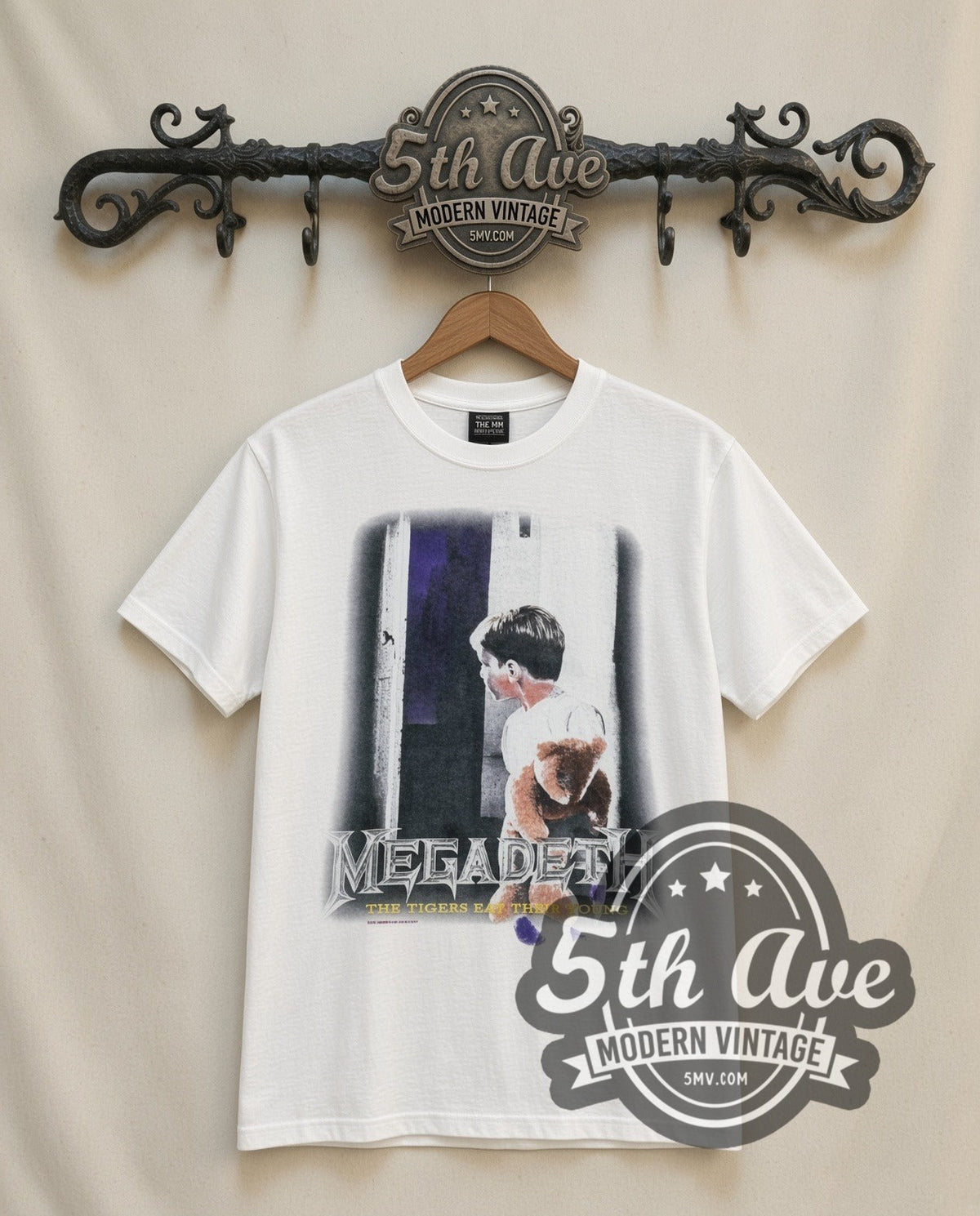 Megadeth The Tigers Eat Their Young vintage band t-shirt in white, front view on the 5MV rack