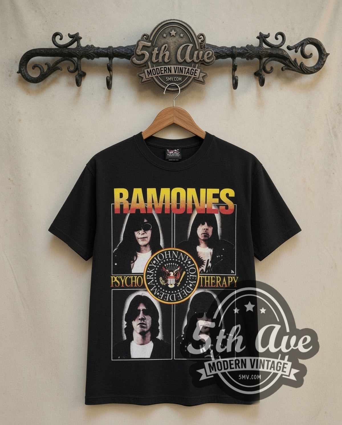 Ramones Psycho Therapy vintage band t-shirt in black, front view on a display rack