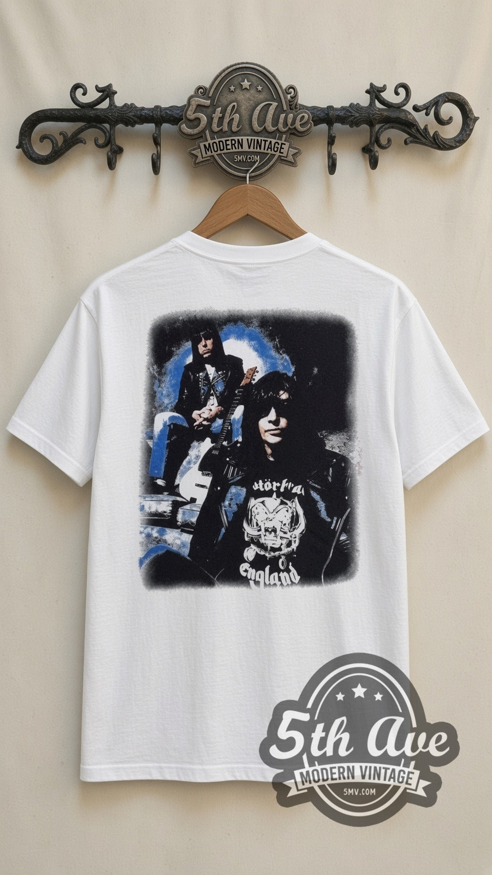 Ramones Psycho Therapy vintage band t-shirt in white, back view on a display rack